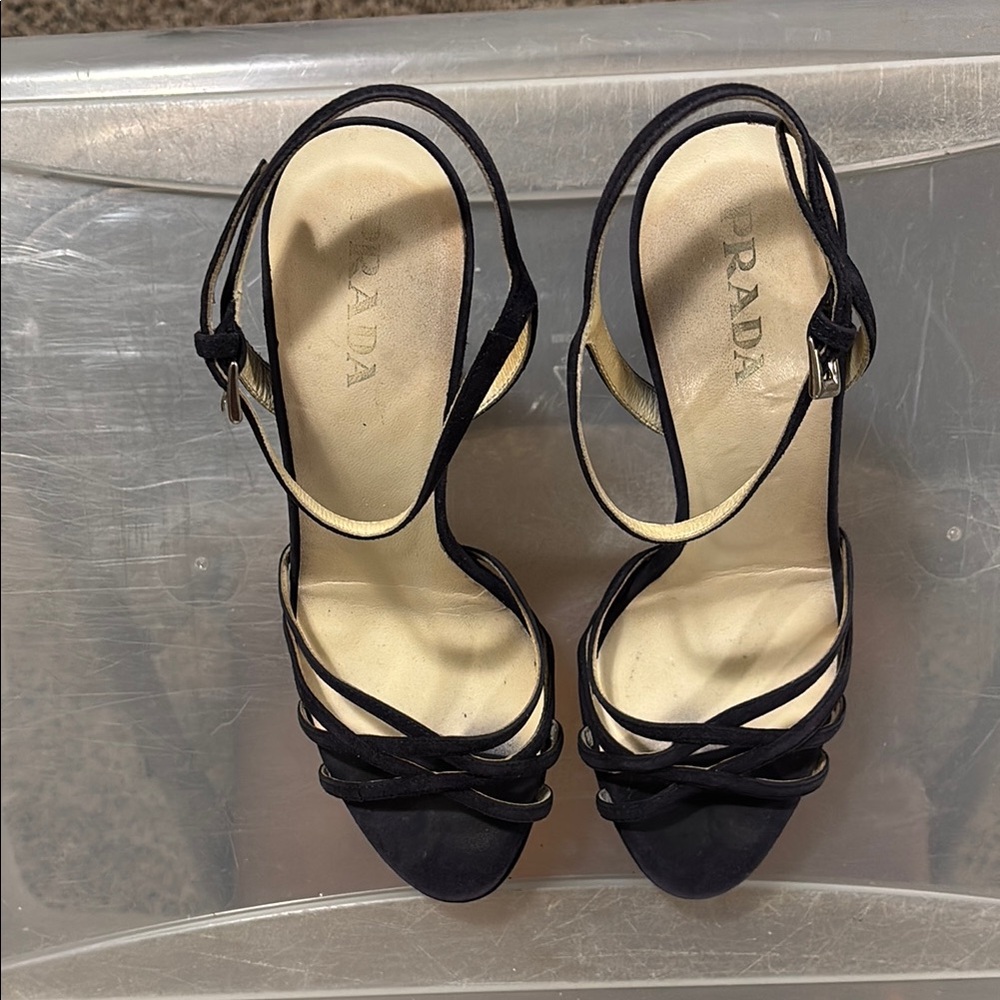 Prada Black Suede Slingback Heels with Strappy Design